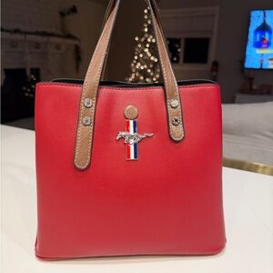 Ford Mustang Red Leather Tote Bag with Strap NEW